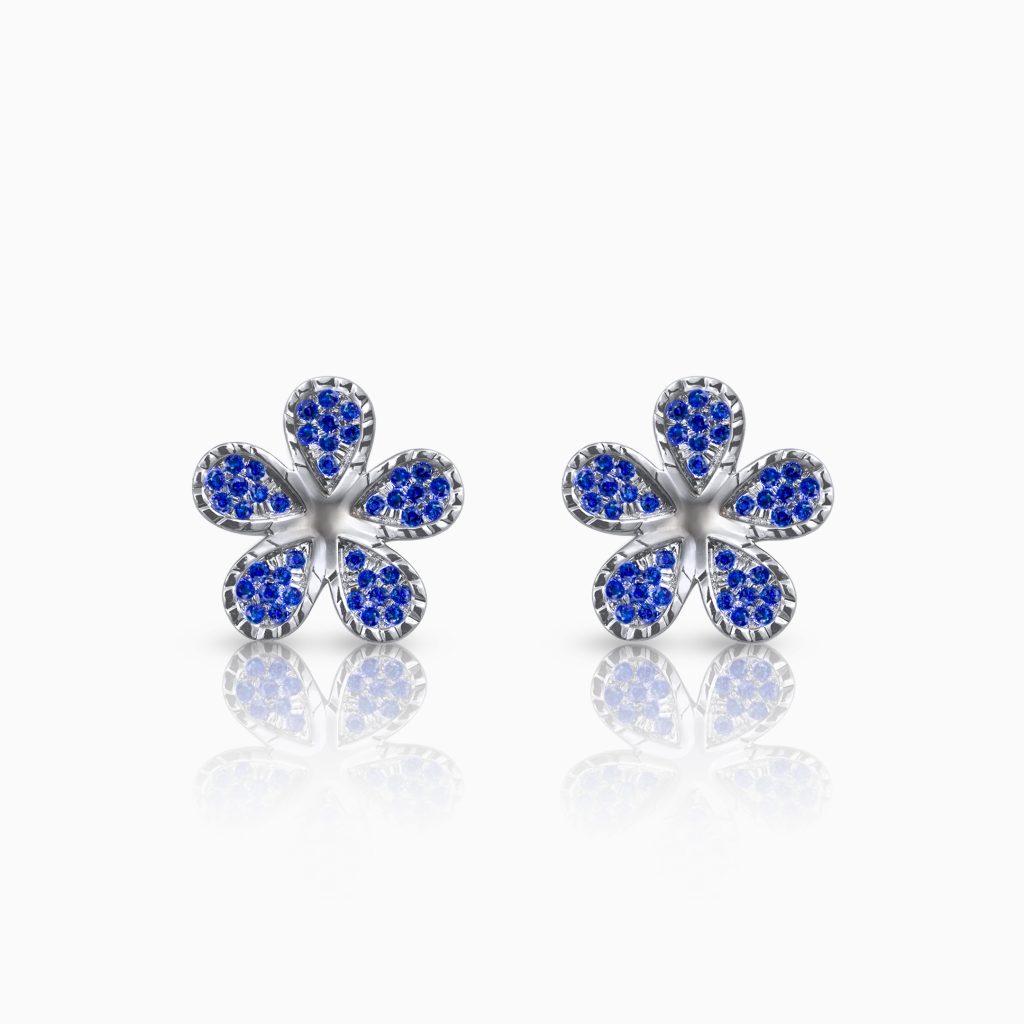 Blue Sapphires and White Gold Araliya Earrings at DINIDU Colombo Sri Lanka