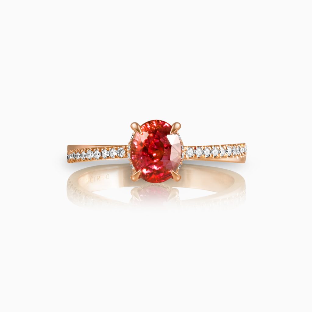 "Ava Padparadcsha and Diamonds Rose Gold Ring at DINIDU Colombo Sri Lanka
